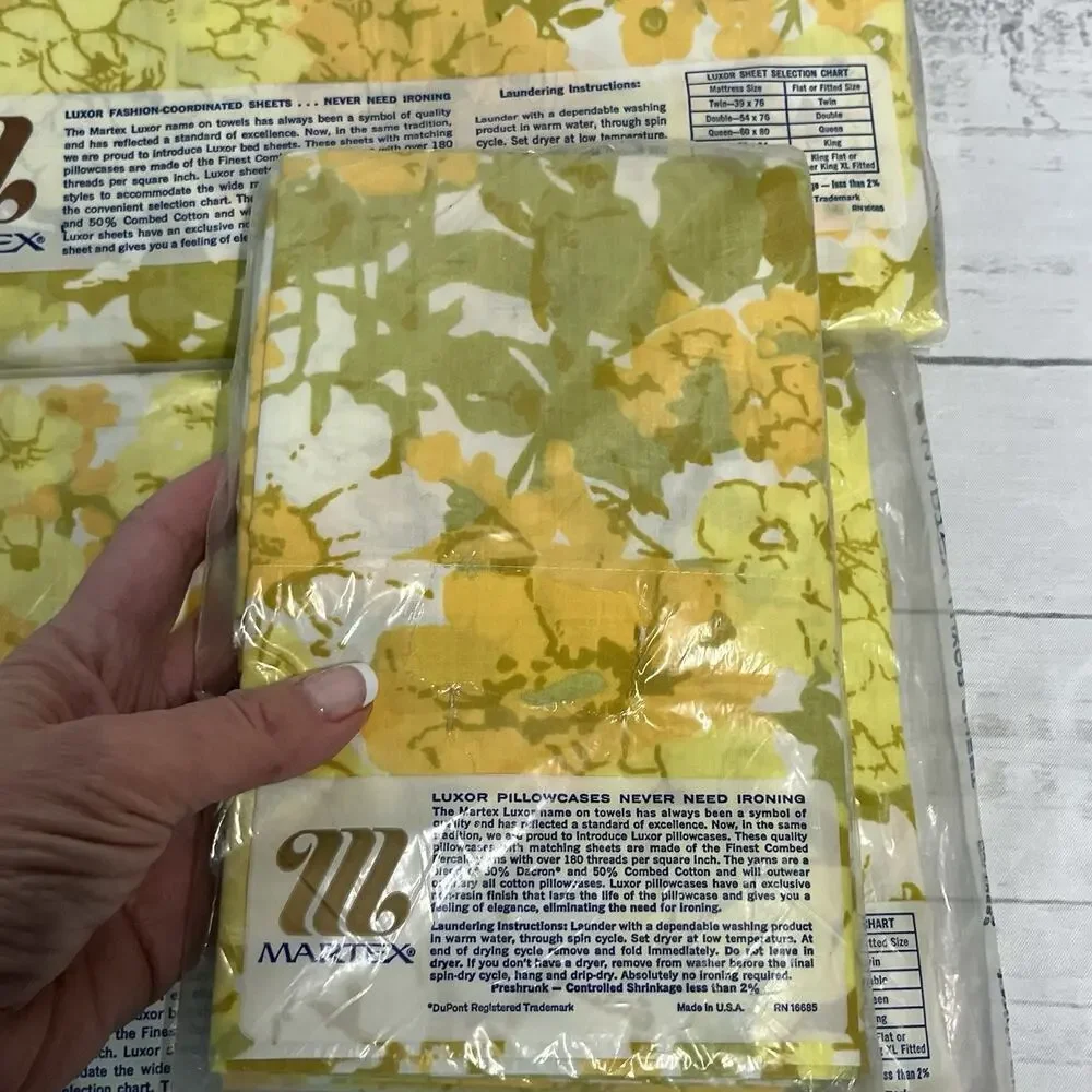 Vintage Martex Luxor Percale Twin Fitted Sheet Set 3pc Yellow Green Pillowcases